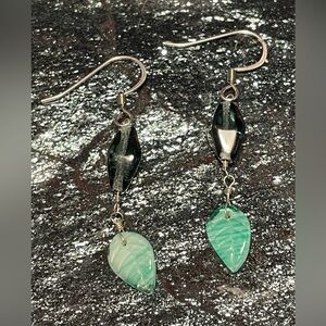 Dark Blue and Green Leaf Glass Handmade Earrings